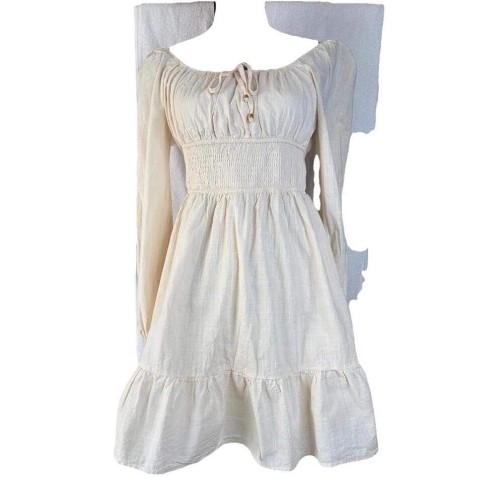 Lillusory Cream Boho Smocked Peasant Mini Dress M Cottagecore Long Sleeve
